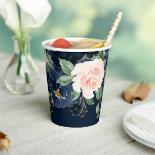 Chic Blooms Dark Navy Blue and Blush Pink Floral Paper Cups