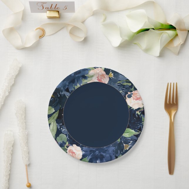 Chic Blooms | Dark Navy Blue and Blush Pink Floral Paper Plate (Wedding)