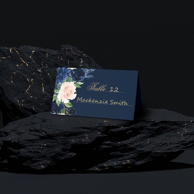 Chic Blooms | Dark Navy Blue and Blush Pink Floral Place Card (Creator Uploaded)