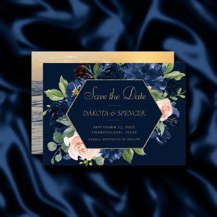 Chic Blooms   Dark Navy Blue and Blush Pink Photo Save The Date