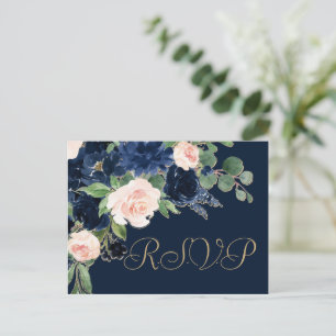 Chic Blooms   Dark Navy Blue and Blush Pink RSVP Postcard