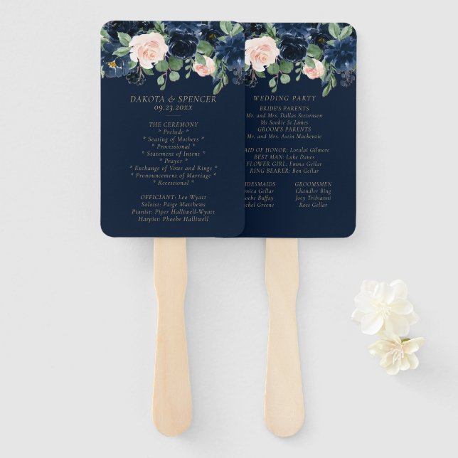 Chic Blooms | Dark Navy Blue and Blush Program Hand Fan (Front and Back)