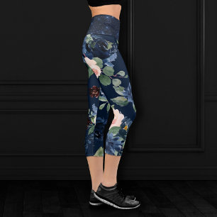 Chic Blooms Dark Navy Blue and Blush Shimmer Capri Leggings