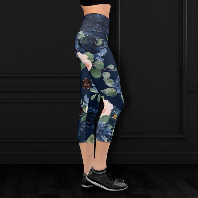 Chic Blooms | Dark Navy Blue and Blush Shimmer Capri Leggings (Creator Uploaded)