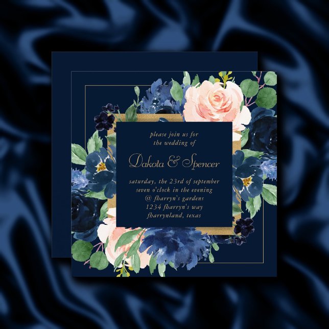 Chic Blooms | Dark Navy Blue and Blush Wreath Invitation (Creator Uploaded)