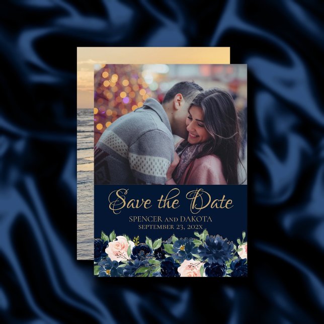 Chic Blooms | Dark Navy Blue Blush Pink 2 Photo Save The Date (Creator Uploaded)