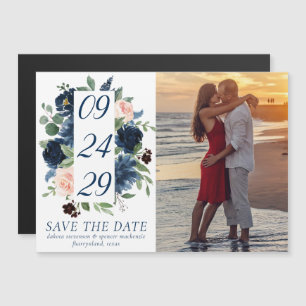 Chic Blooms Navy and Blush Photo Save the Date Magnetic Invitation
