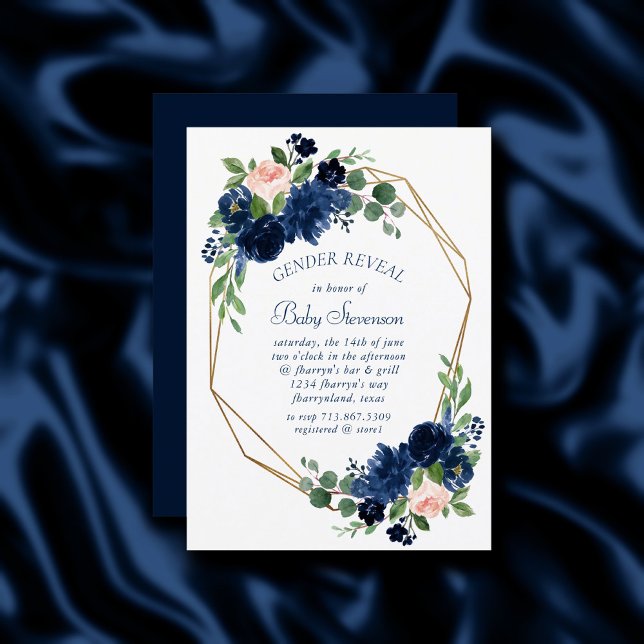 Chic Blooms | Navy and Blush Pink Gender Reveal Invitation (Creator Uploaded)