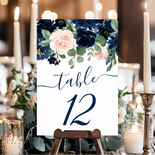 Chic Blooms   Navy Blue and Blush Floral Garland Table Number