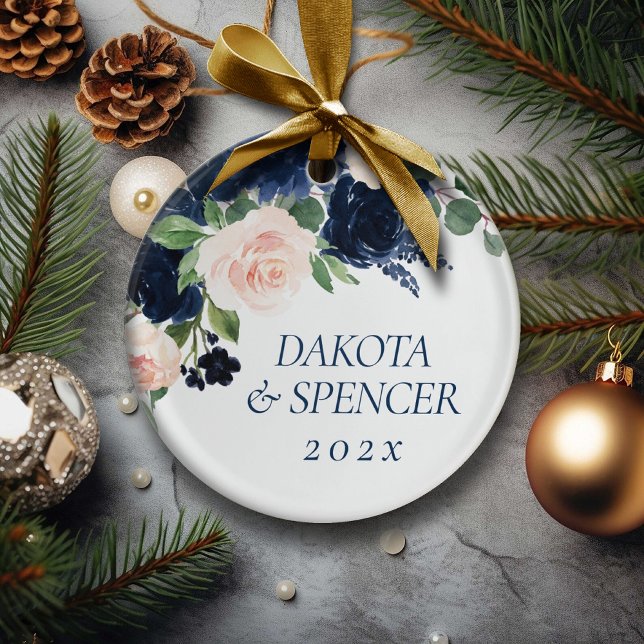 Chic Blooms | Navy Blue and Blush Floral Monogram Ceramic Tree Decoration (Creator Uploaded)