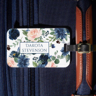 Chic Blooms   Navy Blue and Blush Floral Monogram Luggage Tag