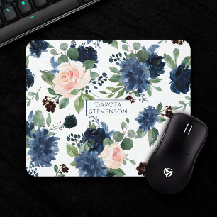 Chic Blooms Navy Blue and Blush Floral Monogram Mouse Pad