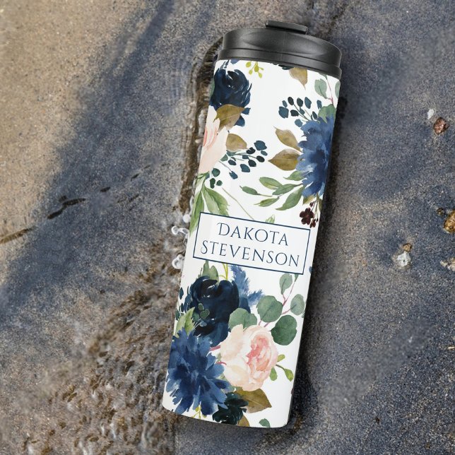 Chic Blooms | Navy Blue and Blush Floral Monogram Thermal Tumbler (Creator Uploaded)