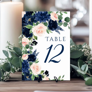 Chic Blooms   Navy Blue and Blush Floral Wreath Table Number