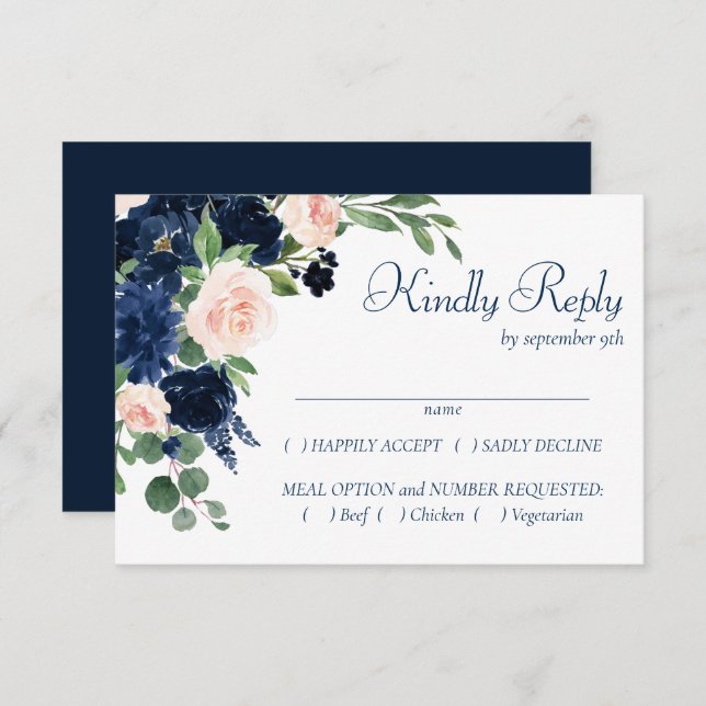 Chic Blooms | Navy Blue and Blush Frame Entree RSVP Card (Front/Back)