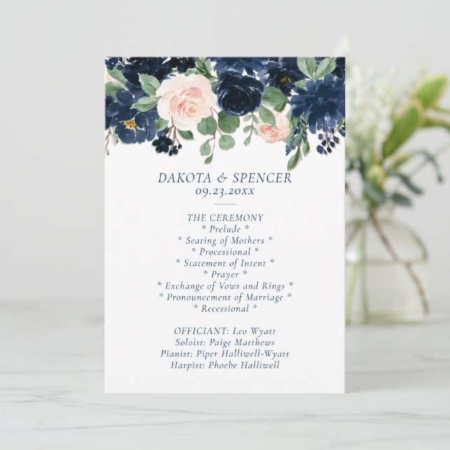 Chic Blooms | Navy Blue and Blush Garland Ceremony Programme (Standing Front)