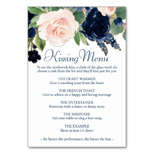 Chic Blooms   Navy Blue and Blush Kissing Menu Table Number