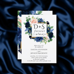 Chic Blooms Navy Blue and Blush Monogram Photo Invitation