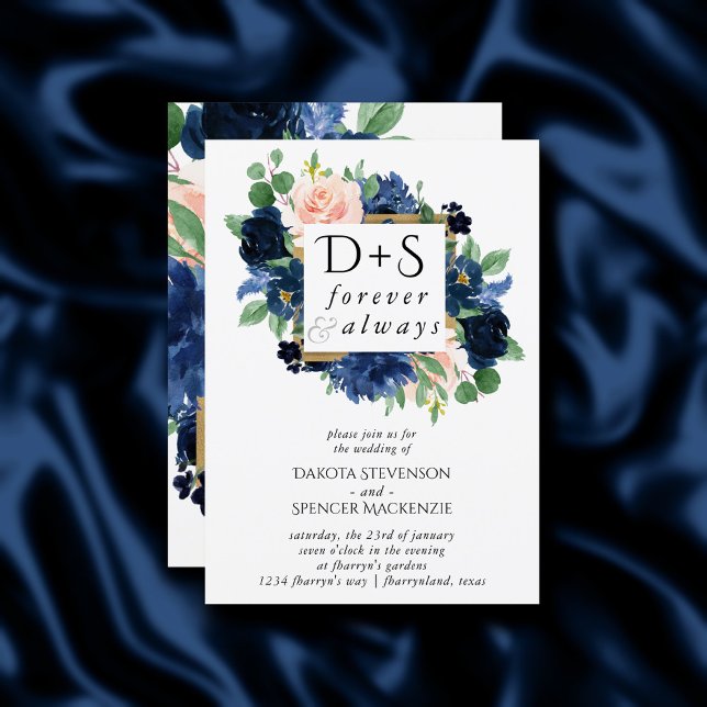 Chic Blooms | Navy Blue and Blush Monogram Photo Invitation (Creator Uploaded)