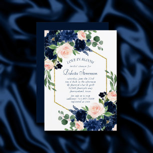 Chic Blooms Navy Blue and Blush Pink Baby Shower Invitation