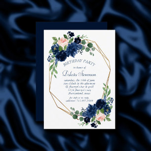 Chic Blooms   Navy Blue and Blush Pink Birthday Invitation