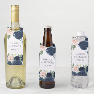 Chic Blooms   Navy Blue and Blush Pink Floral Bottle Tag