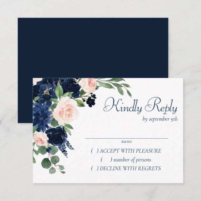 Chic Blooms | Navy Blue and Blush Pink Floral RSVP Card (Front/Back)