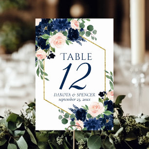 Chic Blooms   Navy Blue and Blush Pink Floral Table Number