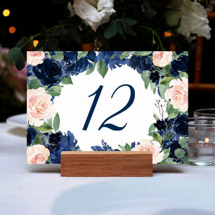 Chic Blooms   Navy Blue and Blush Pink Floral Table Number
