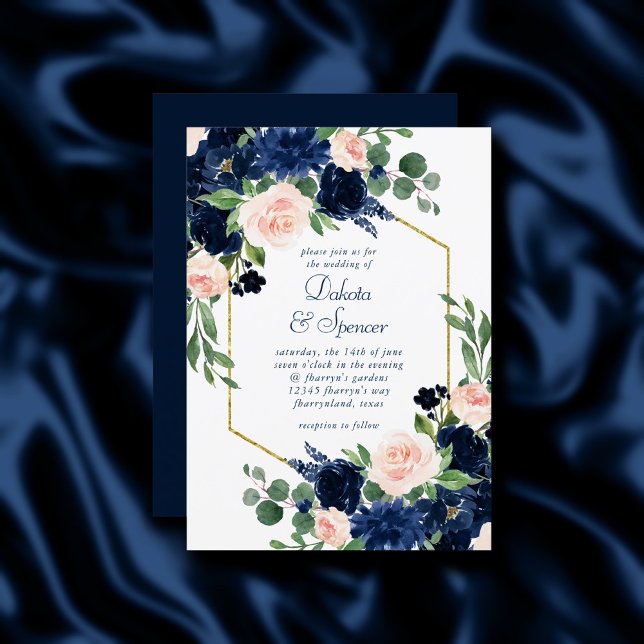 Chic Blooms | Navy Blue and Blush Pink Gold Frame Invitation (Creator Uploaded)