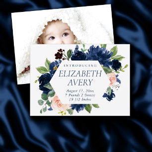 Chic Blooms Navy Blue and Blush Pink Photo Birth Announcement