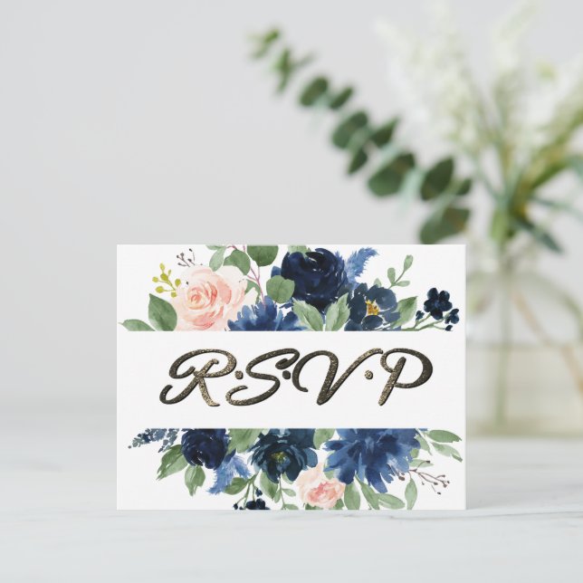 Chic Blooms | Navy Blue and Blush Pink Response Postcard (Standing Front)