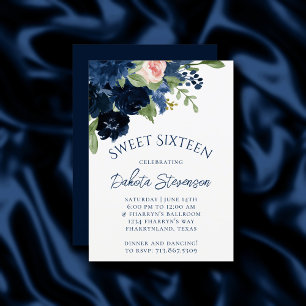 Chic Blooms Navy Blue and Blush Pink Rose Floral Invitation