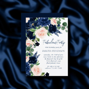 Chic Blooms   Navy Blue and Blush Pink Wreath Invitation
