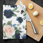 Chic Blooms | Navy Blue and Blush Rose Shimmer Tea Towel<br><div class="desc">Romantic hand-painted theme featuring a navy blue and blush pink watercolor floral bouquet embellished by botanical laurel and dark blue accents. From the "Boho Bloom" collection, this layout incorporates a rich Bohemian wildflower bouquet with radiant flower blooms and eucalyptus greenery foliage. For other colours, styles, or coordinating products, please visit...</div>