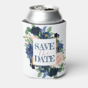 Chic Blooms Navy Blue and Blush Save the Date Can Cooler