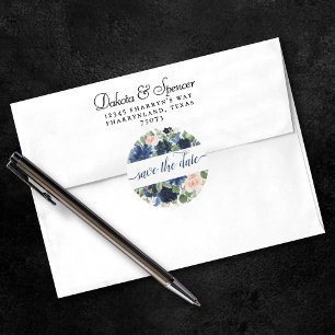 Chic Blooms   Navy Blue and Blush Save the Date Classic Round Sticker