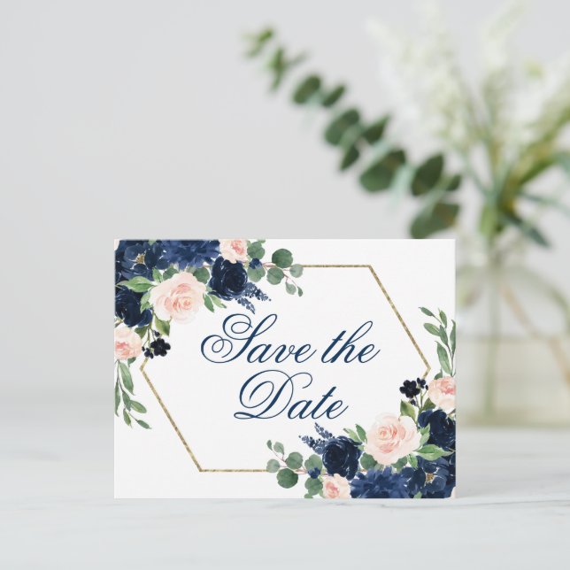 Chic Blooms | Navy Blue and Blush Save the Date Postcard (Standing Front)