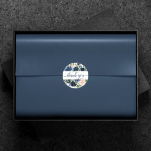 Chic Blooms   Navy Blue and Blush Thank You Classic Round Sticker