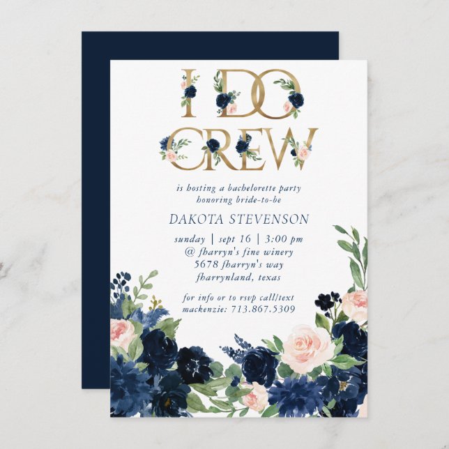 Chic Blooms | Romantic Navy and Blush I Do Crew Invitation (Front/Back)