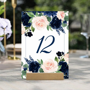 Chic Blooms   Romantic Navy Blue and Blush Floral Table Number