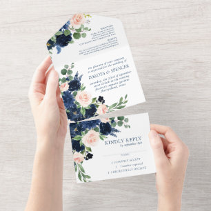 Chic Blooms Romantic Navy Blue and Blush Wedding All In One Invitation