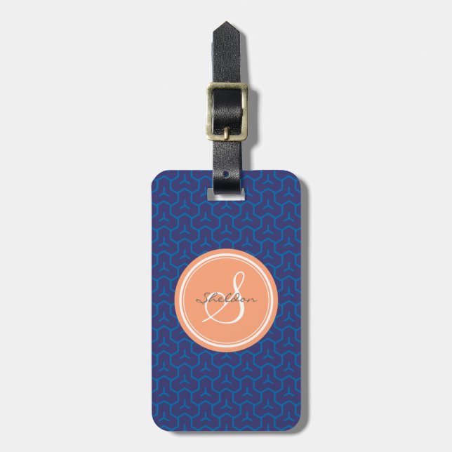 Chic blue abstract geometric pattern monogram luggage tag (Front Vertical)