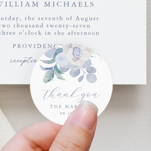 Chic Blue Airy Floral Wedding Thank You Classic Round Sticker