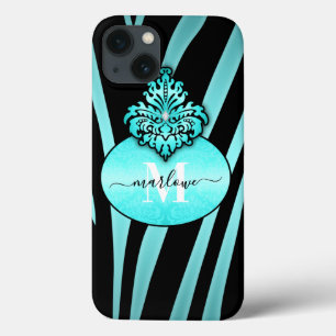 Chic Blue and Black Zebra Stripes Name Monogram iPhone 13 Case