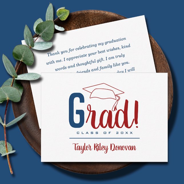 Chic Blue and Cardinal Red Grad Cap Graduation Card (3.5" x 5" blue and cardinal Grad and graduation cap flat note cards, your message on the back)