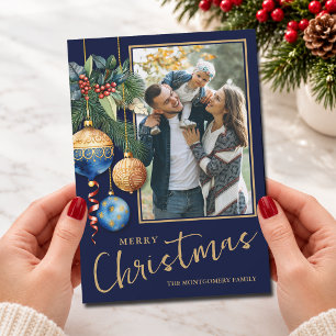 Chic Blue and Gold Christmas Tree Ornaments Photo Holiday Card
