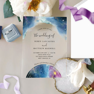 Chic Blue and Purple Watercolor Celestial Wedding Acrylic Invitations