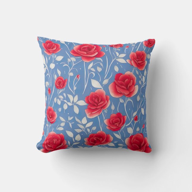 Chic Blue and Red Watercolor Floral Pattern Cushion (Front)