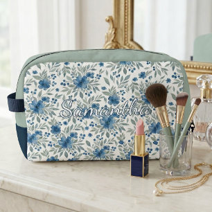 Chic Blue And Sage Green Floral Art Toiletry Bag